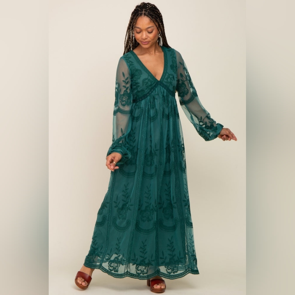 PinkBlush Emerald Green Lace Mesh Overlay Long Sleeve Maxi Dress